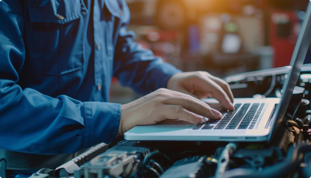 Person using laptop in automotive workshop